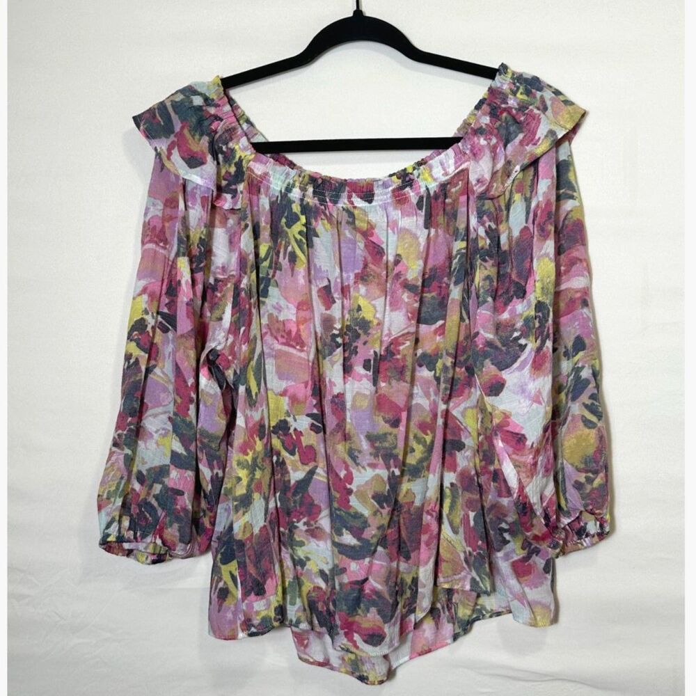 Zac & Rachel BOHO Peasant Blouse Off The Shoulder Watercolor Floral SZ M Ruffle